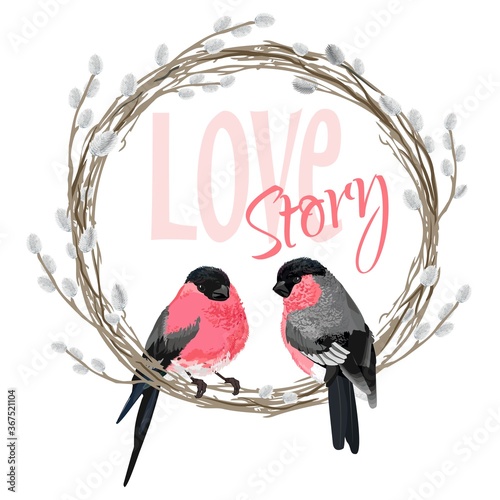Love story of bullfinches. Cute couple birds - vector illustration isolated on white background.