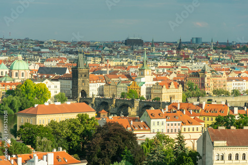 Houses with traditional red roofs in Prague Old Town Square in the Czech Republic