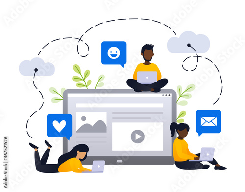 Content strategy marketing vector illustration. social media advertising concept. small african people working with laptop technology. flat cartoon design for banner mobile and web