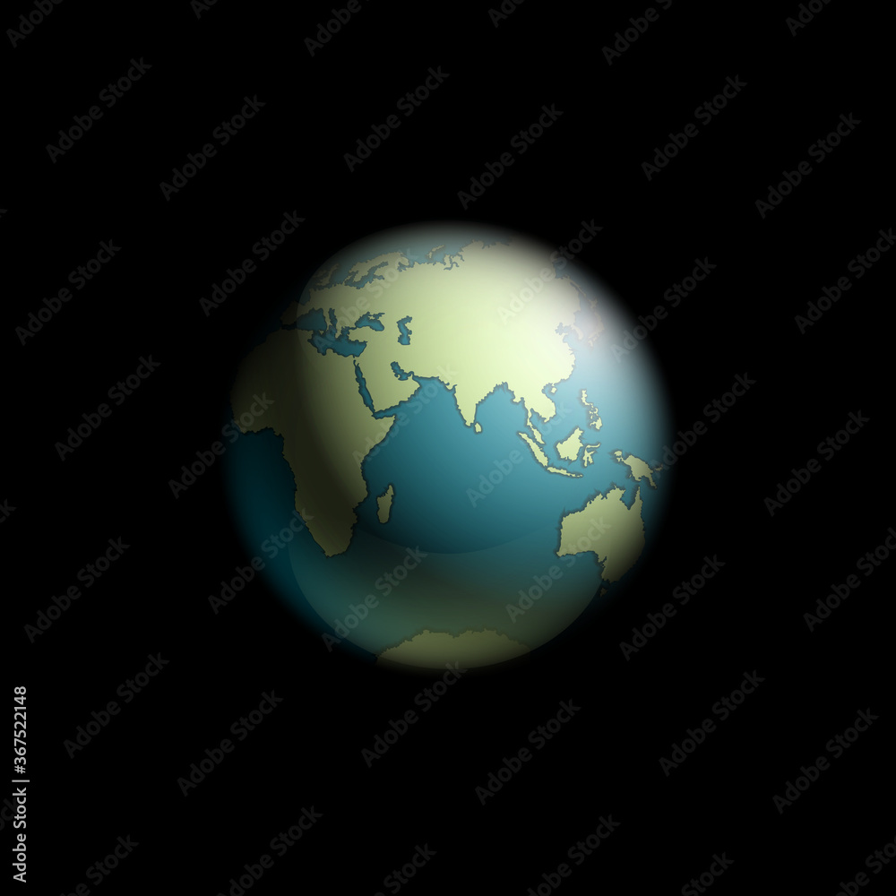 Fototapeta premium world map rising sun. Solar eclipse globe icon, space sunlight. Planet Earth sunny glow background view from space. Continents world Sunshine picture. Colorful solar eclipse poster presentation