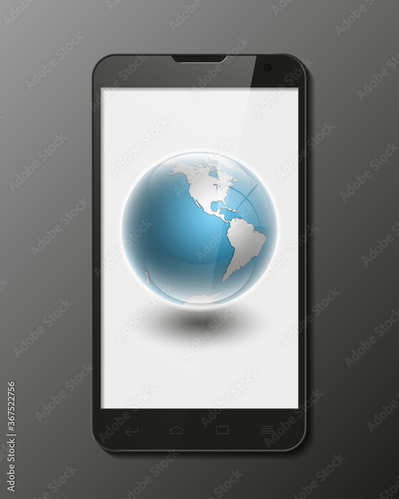 Smartphone, mobile phone isolated with Globe Western Hemisphere icon with smooth shadows and white map of the continents of the world realistic Smartphone, mobile phone isolated with Globe Western Hemisphere icon with smooth shadows and white map of the continents of the world realistic