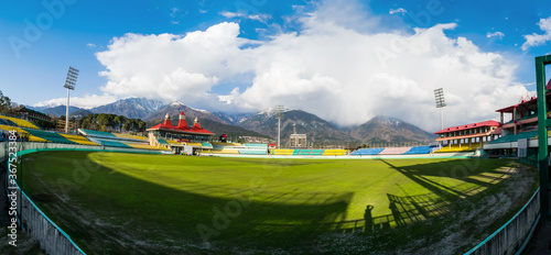 panoramic view of Surrounded by mountains in the Himalayas, Dharamshala is the highest cricket beautiful stadium in the world © soumen