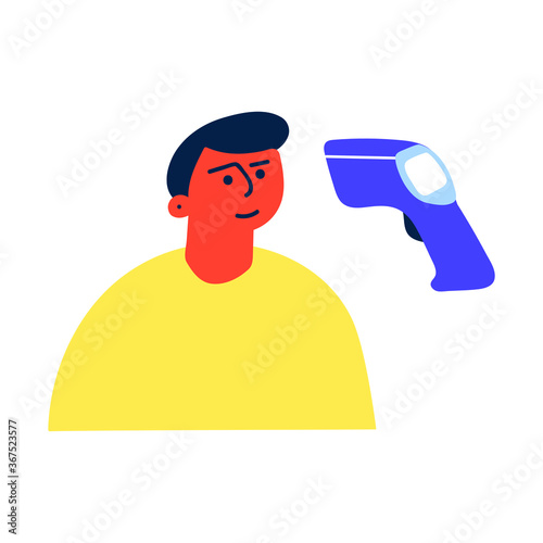 Boy and non-contact infrared thermometer. Illustration on white background.