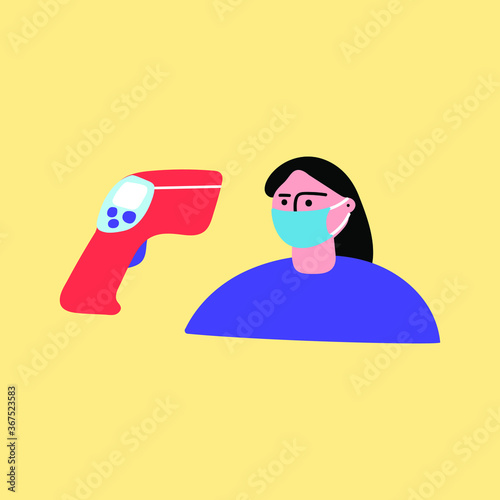 Woman with face mask and non-contact infrared thermometer. Illustration on yellow background.