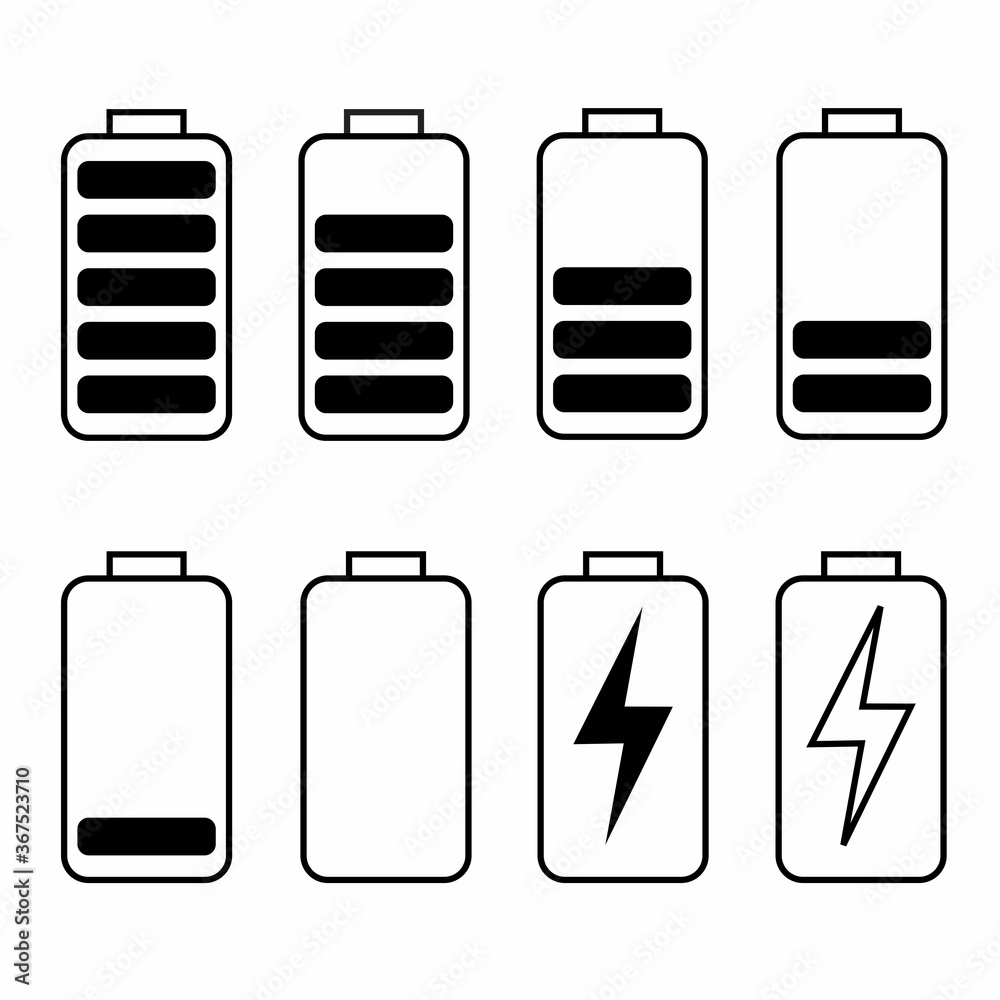 The black and white battery icon is set isolated on a white background. Vector illustration. The black and white battery icon is set isolated on a white background. Vector illustration.