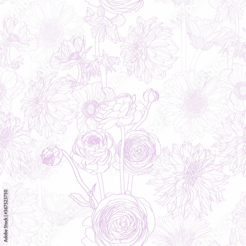 Many kind of garden line flower illustration. Violet line seamless pattern.