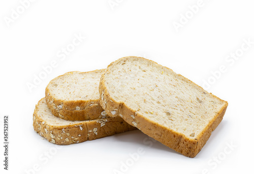 Milk , bread and small cake for snack time, isolated on white background.