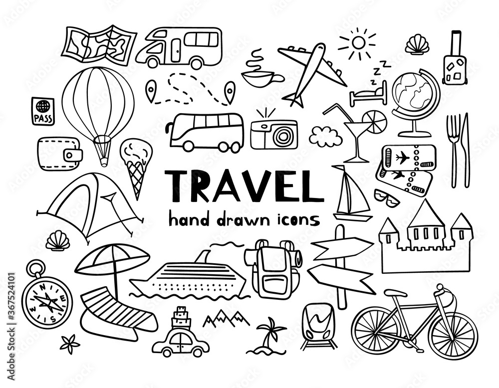 Obraz premium Hand drawn travel icons. Summer vacation doodles isolated on white background. Vector illustration.