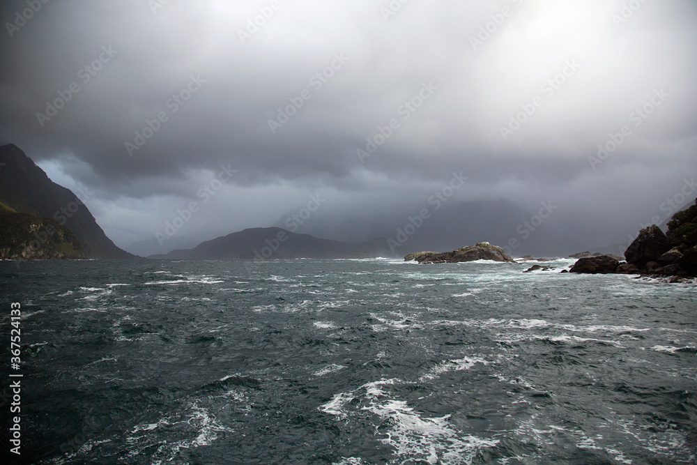 Fototapeta premium Rough seas in Doubtful Sound - Fiordland National Park at Tasman Sea.