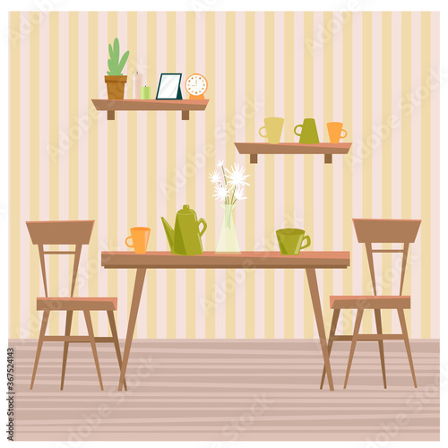 Dining table with chairs, dishes and furniture. Apartment and cafe interior. Flat style vector illustration.