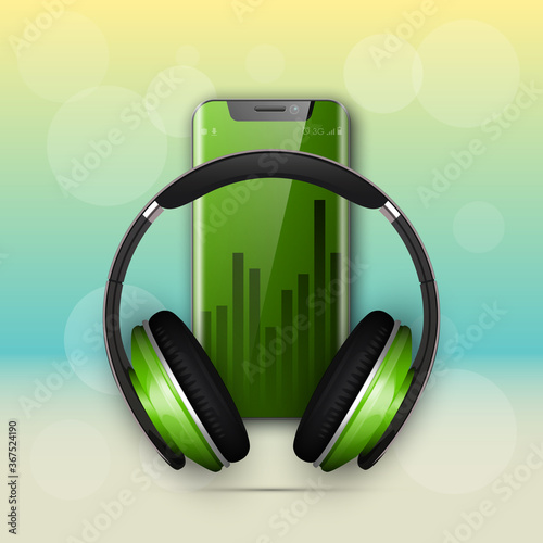 Image headphones on smartphone latest model background. Device for listening music on phone latest model background. Color stereo headphone for listening audio from phone. Banner earphones music party
