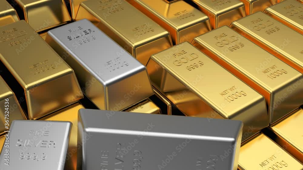3D animation of rows of gold and silver bars as background. Precious metals. 4K resolution. 3D animation of rows of gold and silver bars as background. Precious metals. 4K resolution.