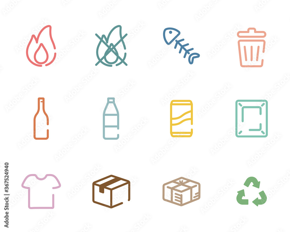 ゴミの分別のアイコンのセット／燃える／燃えない／リサイクル／生ゴミ Stock Vector | Adobe Stock