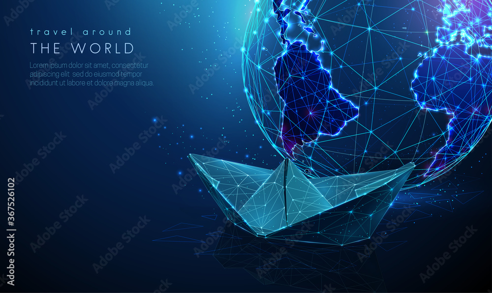 Low poly abstract planet earth with paper ship. - obrazy, fototapety, plakaty 