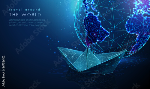 Low poly abstract planet earth with paper ship.
