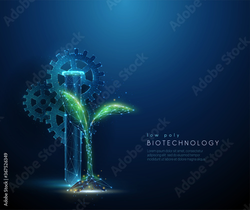 Low poly green plant sprout, tube, cogwheel