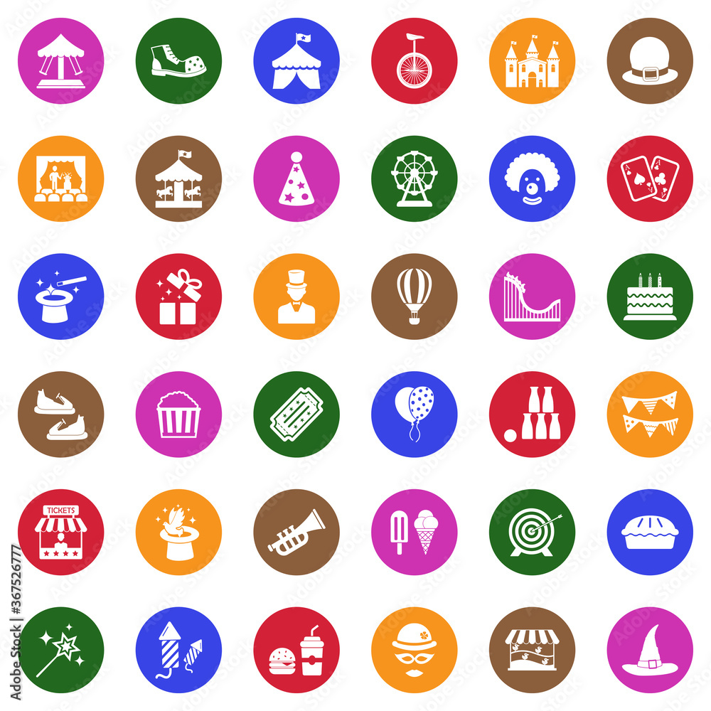 Amusement Park Icons. White Flat Design In Circle. Vector Illustration. Amusement Park Icons. White Flat Design In Circle. Vector Illustration.