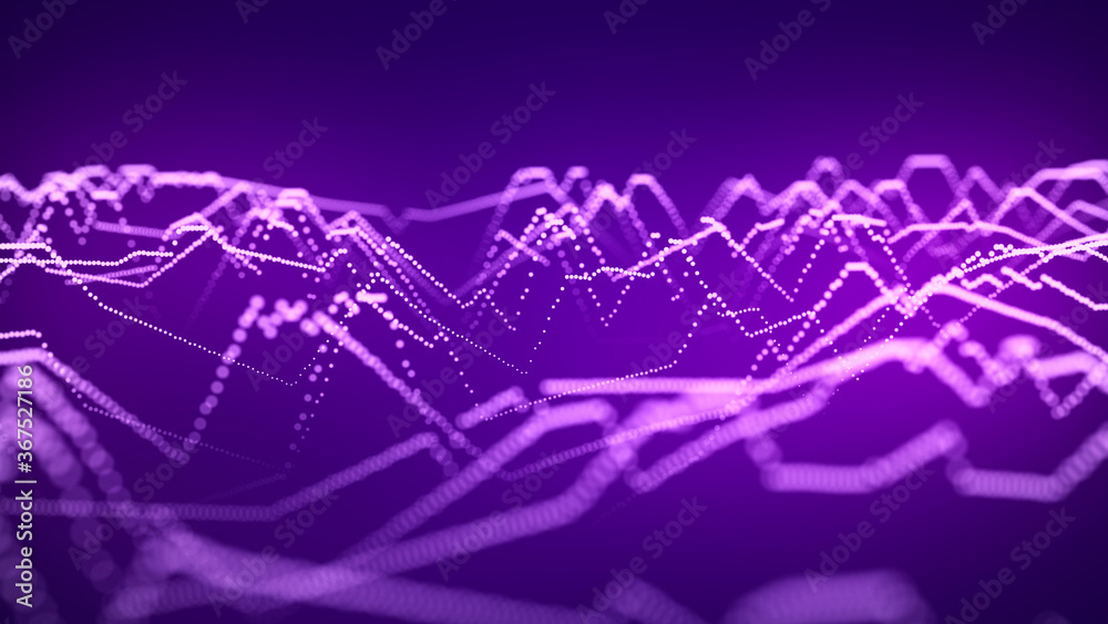 Obraz premium Futuristic pink illustration. Wave of particles. Abstract background with a dynamic wave. Artificial intelligence. Big data. 3d rendering.