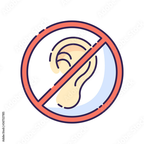 Deafness RGB color icon. Impaired hearing. Difficulty with communication. Deaf person. Health care problem. Loss of hearing. Medical condition. Avoid noise. Isolated vector illustration