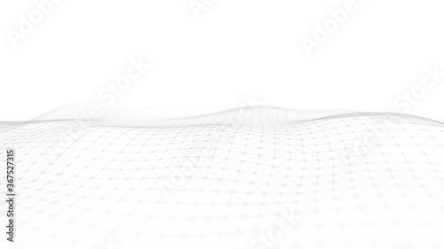 Wave white background. Abstract white futuristic background. Wave with connecting dots and lines on white background. Wave of particles. 3D rendering.