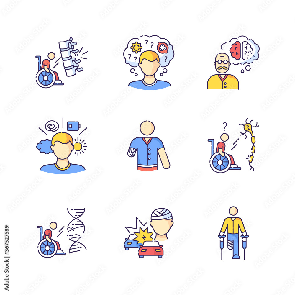 Patient with disability RGB color icons set. Handicapped man. Paralyzed person in wheelchair. Memory loss from Alzheimer disease. Brain injury. Chronic illness. Isolated vector illustrations Patient with disability RGB color icons set. Handicapped man. Paralyzed person in wheelchair. Memory loss from Alzheimer disease. Brain injury. Chronic illness. Isolated vector illustrations