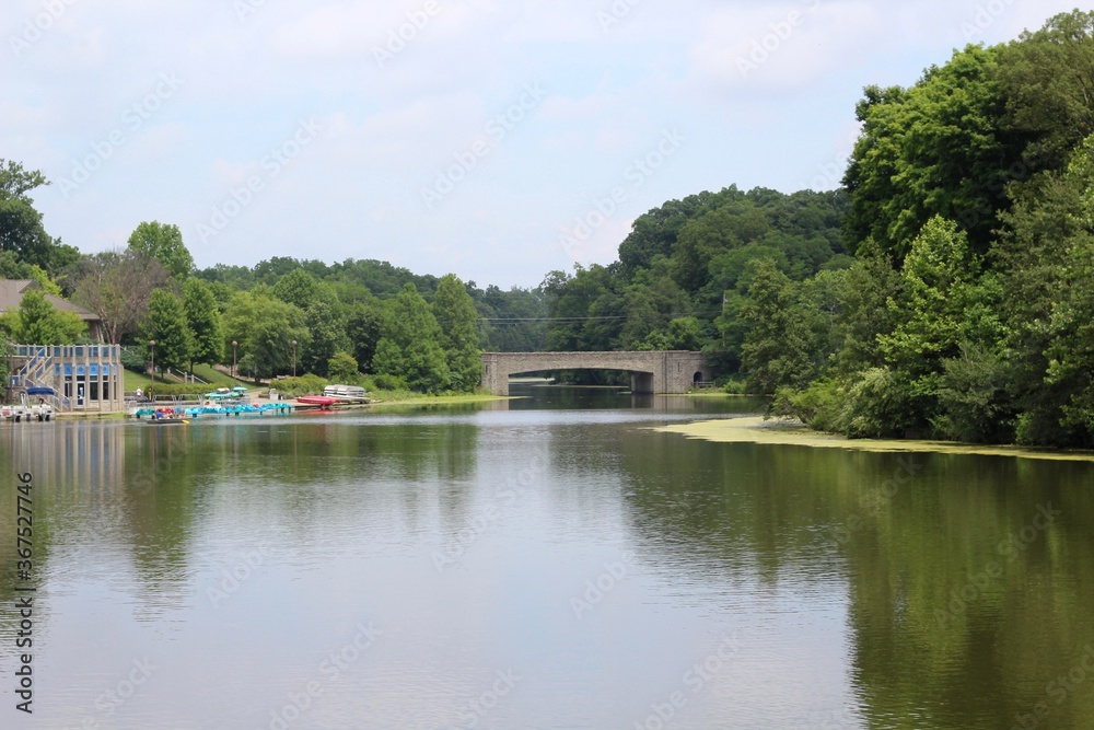 The beautiful view of the lake in the park on a sunny day.