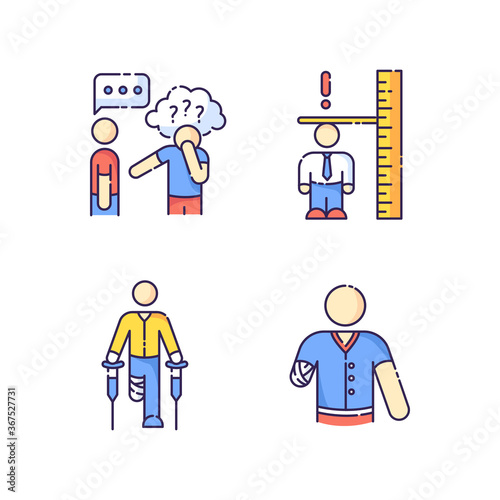 Medical condition RGB color icons set. Asperger syndrome. Difficulty with social interaction. Adult with dwarfism. Leg amputee. Arm injury. Health care problem. Isolated vector illustrations