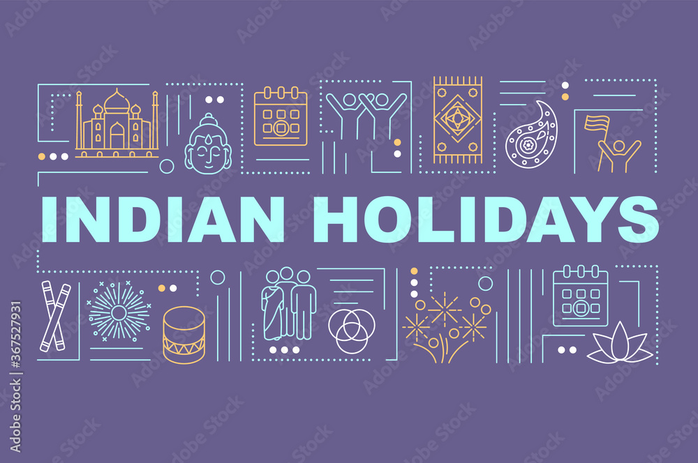 Obraz premium Indian holidays word concepts banner. Culture and traditions of India and hindu traditions infographics with linear icons on pink background. Isolated typography. Vector outline RGB color illustration
