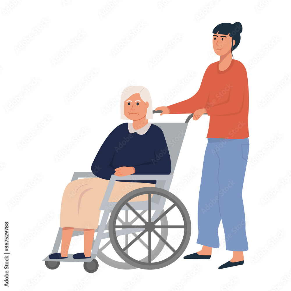 Daughter or female relative with old woman on wheelchair. Elderly senior sitting on wheelchair. Retired disabled woman. Concept for assisted living or nursing home. Flat vector illustration on white. Daughter or female relative with old woman on wheelchair. Elderly senior sitting on wheelchair. Retired disabled woman. Concept for assisted living or nursing home. Flat vector illustration on white.