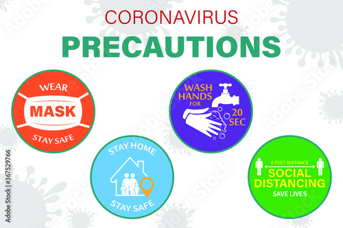 Prevention of coronaviruses.. Protection from COVID-19. For a set of colored stickers, put on a mask, wash your hands, stay at home, communicate at a distance. Vector illustration for a poster, banner
