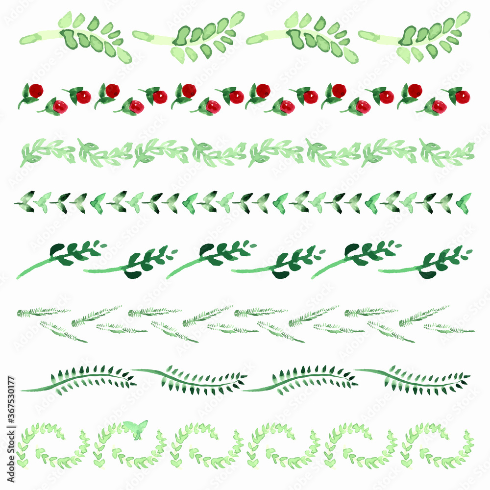 Herbal watercolor floral borders decoration. Hand drawn leaves, grass.  - obrazy, fototapety, plakaty 