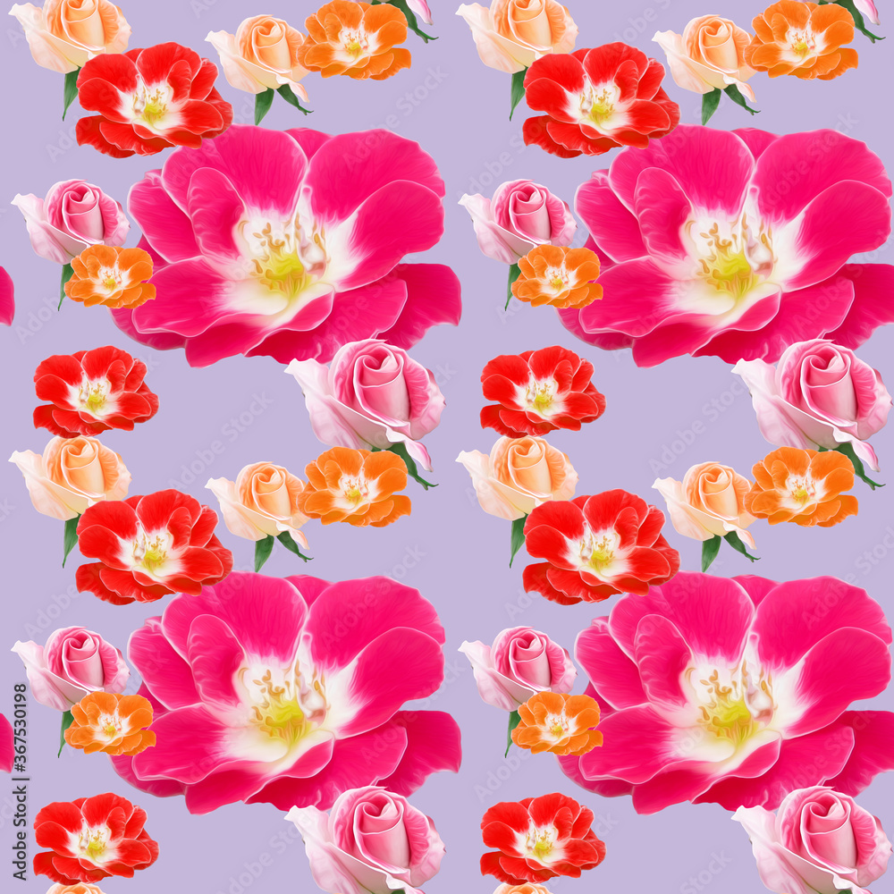 Rose flower. Illustration, texture of flowers. Seamless pattern for continuous replication. Floral background, photo collage for textile, cotton fabric. For use in wallpaper, covers.