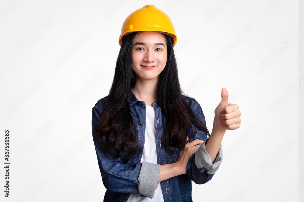Portrait woman engineer with yellow safety helmet isolated on white background Portrait woman engineer with yellow safety helmet isolated on white background