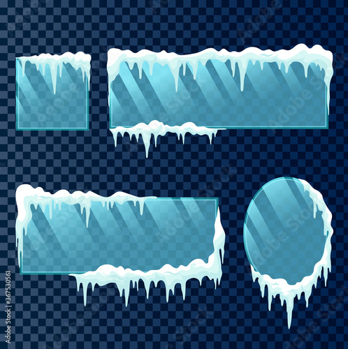 Snow frame glass set. Frozen winter window border with ice and frost isolated on transparent background. Snow ice border