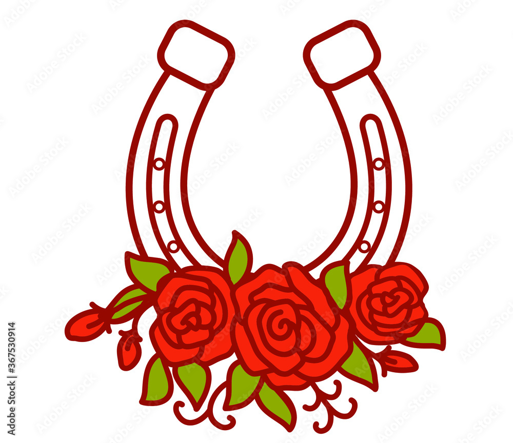 Horseshoe with flowers. Vector vintage illustration with lucky