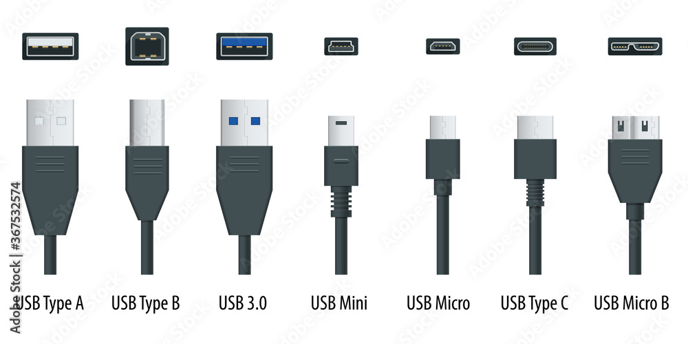 Flat black types port plug in cables set with realistic connectors. and ports. USB type A, type B, type C, Micro, Mini, MicroB and type 3.0 Stock Vector | Stock