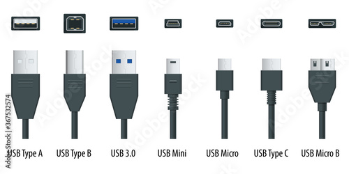 Flat black usb types port plug in cables set with realistic connectors. Connector and ports. USB type A, type B, type C, Micro, Mini, MicroB and type 3.0 photo