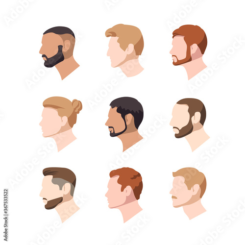 Set of illustrations of european nationality male profiles. Vector portraits of men in a flat style. Blond and brunet and also redhead avatars on a white background.