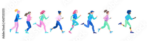 Set of young healthy women on jogging. Vector illustration in cartoon style of running blond and brunet girls of various nationalities. African, Asian and European women run in sports clothes.