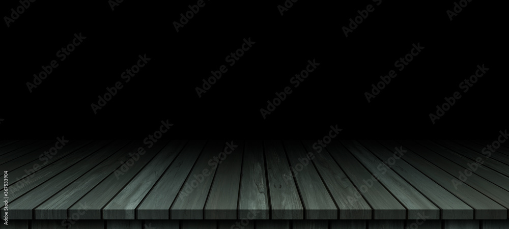 Plain dark black wall with wooden tabletop plank product  empty space for display your products, black wooden surface ground texture.
