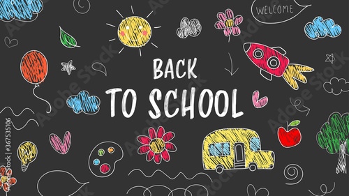 Draw banner colorful objects and icon on black.For back to school.