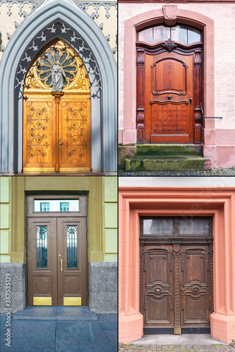 Old wooden doors with beautiful metal and wood trim in the historical part of various European cities