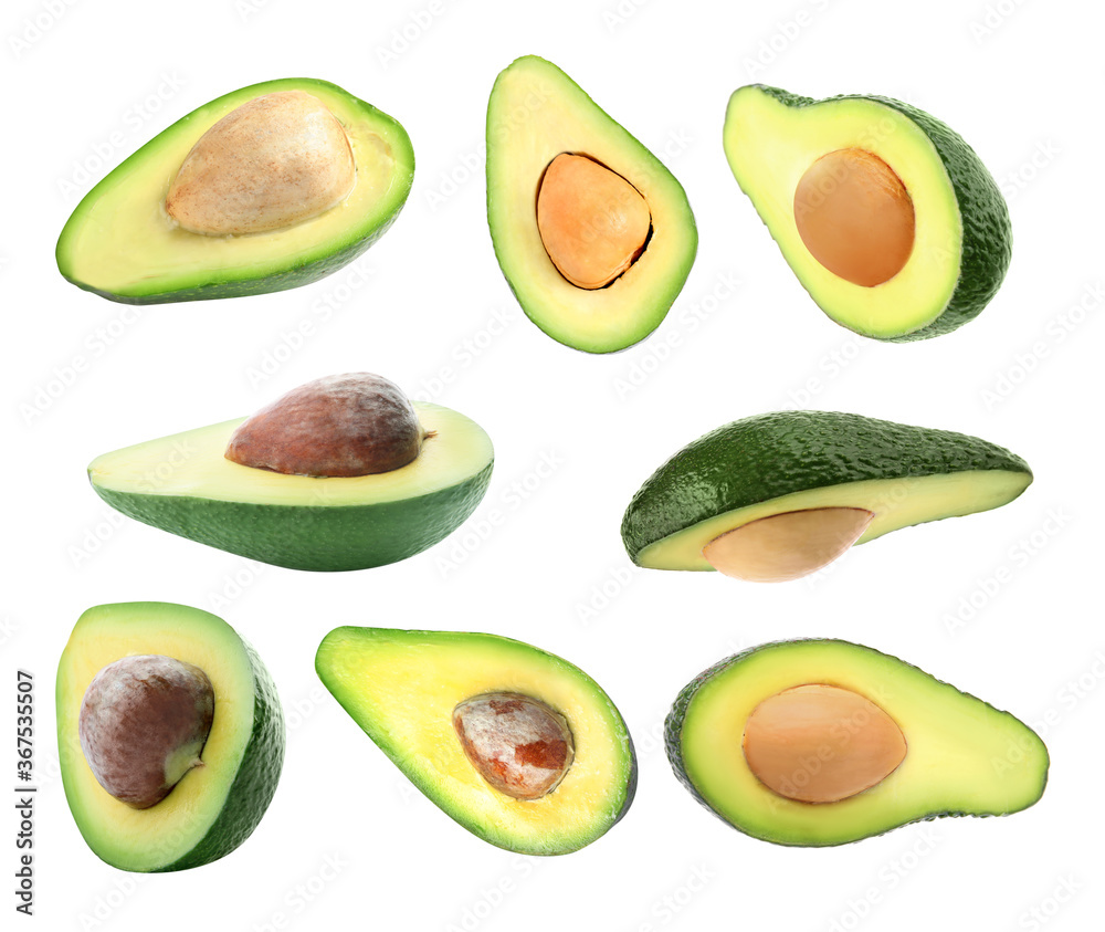 Set of cut avocados on white background Set of cut avocados on white background
