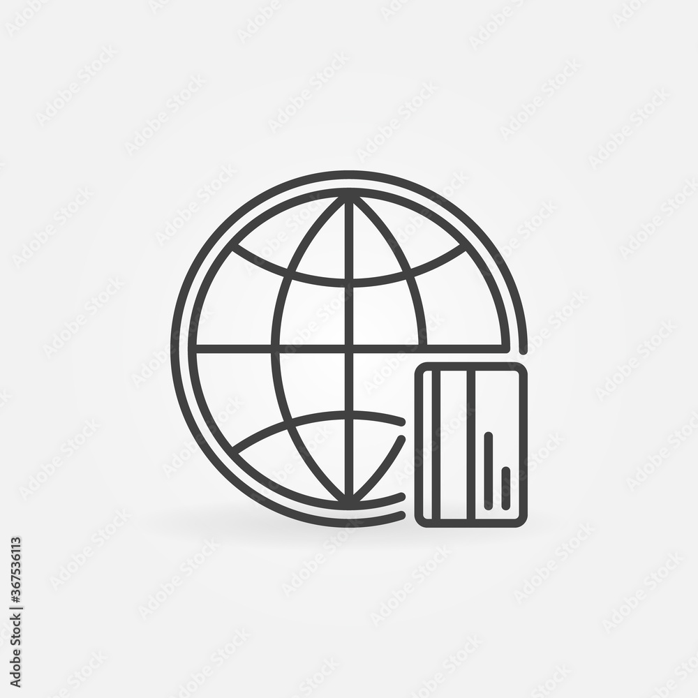 Global Money Transfer concept outline icon. Earth with Credit Card linear symbol Global Money Transfer concept outline icon. Earth with Credit Card linear symbol