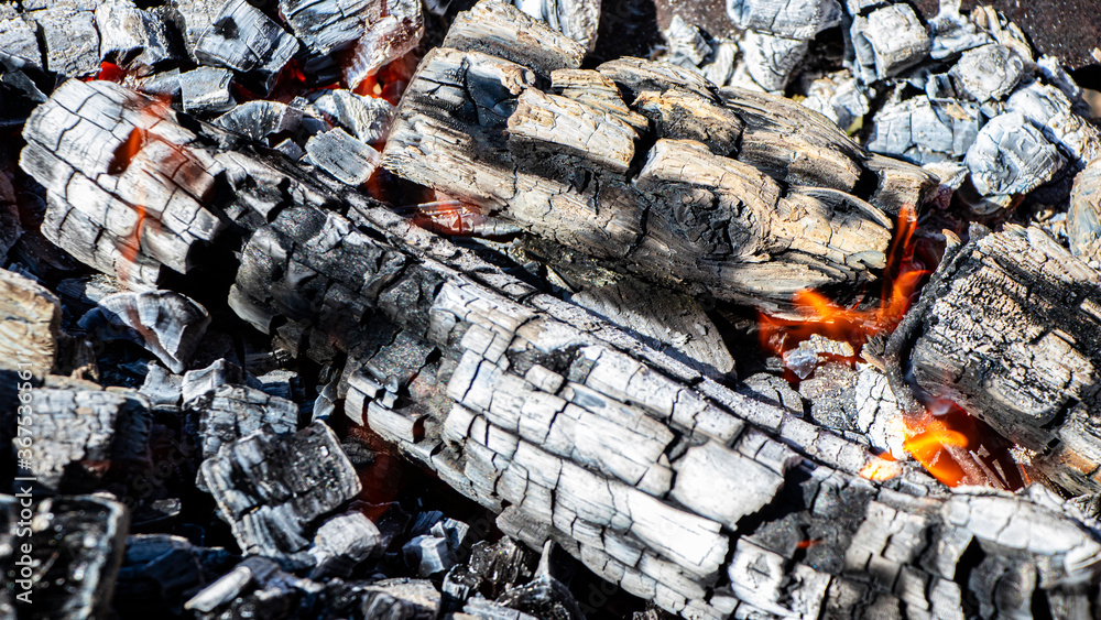 Burning firewood and coals in the grill. Close-up. Macro shooting. Burning fire. Grilling meat. Coals for frying