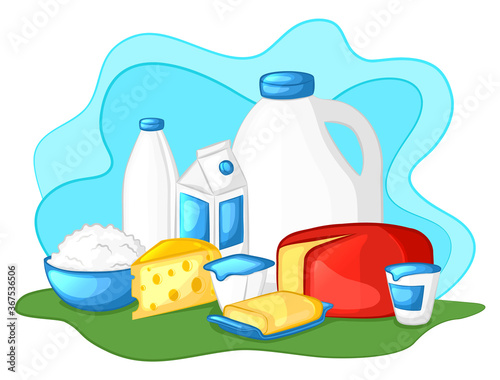 Milk and dairy products. Sour cream, butter, cheese, and others. Cartoon style. Vector illustration.