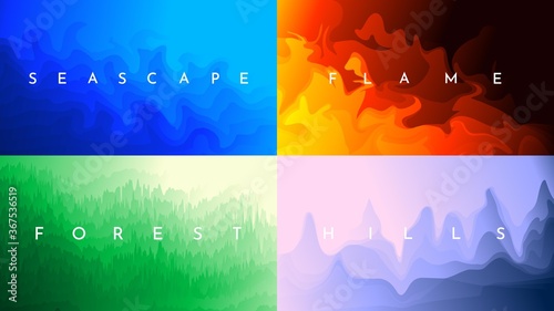 Vector illustration. Color gradient background set. Blue underwater concept, fire, forest scene with sunlight, sunset hills. Abstract wallpaper collection. Design for website template, banner, poster