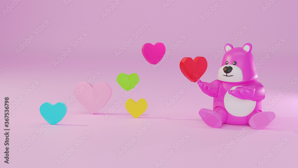 Cartoon design with teddy bear and colorful heart .3d render