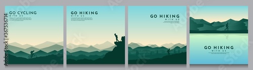Vector landscape set. Travel concept of discovering, exploring, observing nature. The guy watches nature, riding at mountain bike, climbing to the top, going hike. Design for blog post, social media
