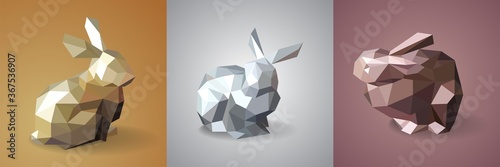 A set of stylized images of rabbits. Abstract image from geometric shapes. Origami for prints of animals on fashion clothes. Three rabbits in silver, gold and copper